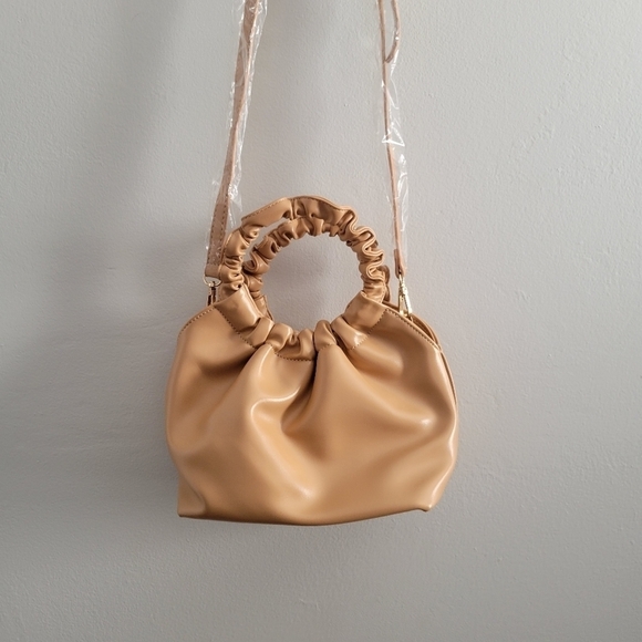 Target Handbags - Tan faux leather ruched handbag with crossbody strap NWOT